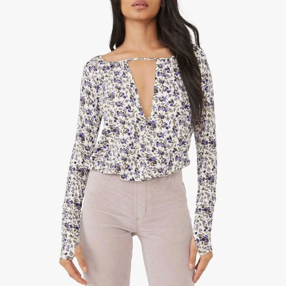 Free People Tops - Free People Kaya Ivory & Purple Floral Print Cutout Bodysuit XS